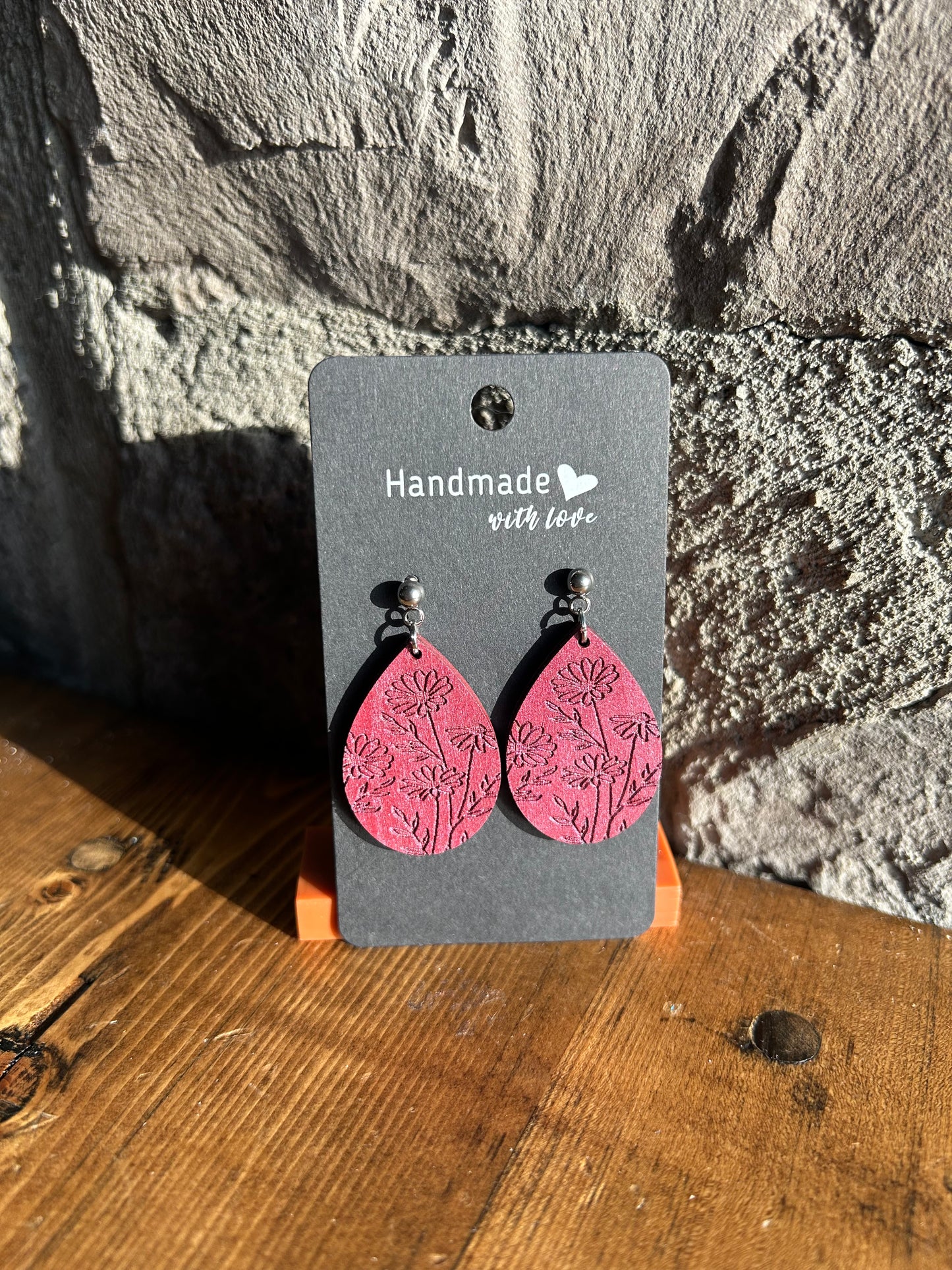 Red Floral Etched Earrings