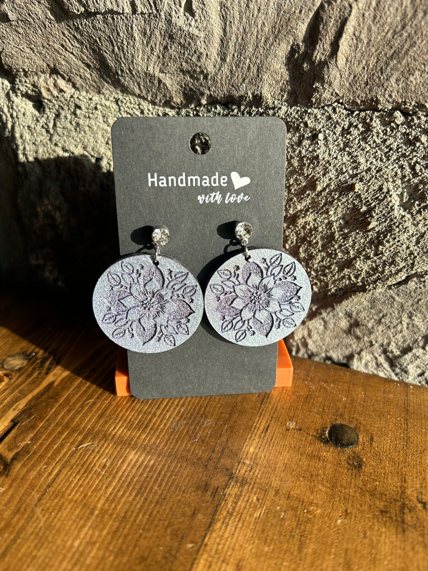 Round Silver Flower Etched Earrings