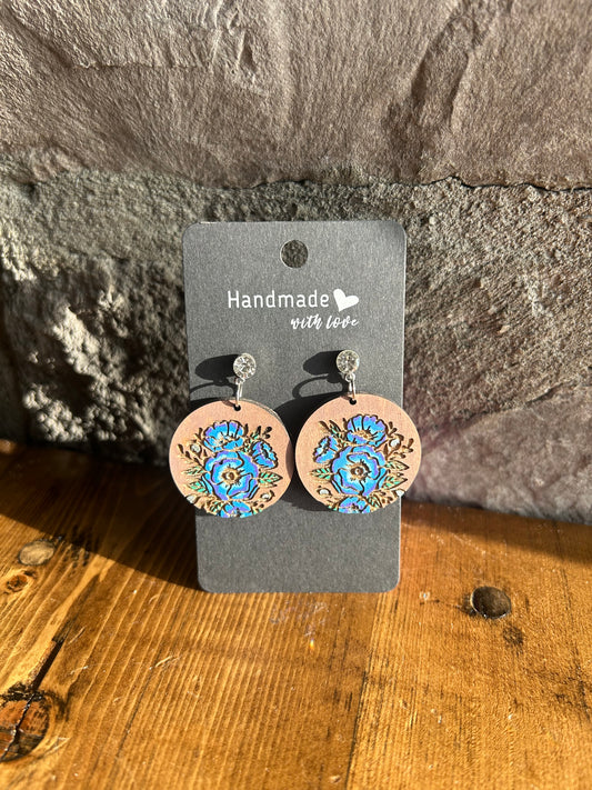 Round Blue Floral Earring
