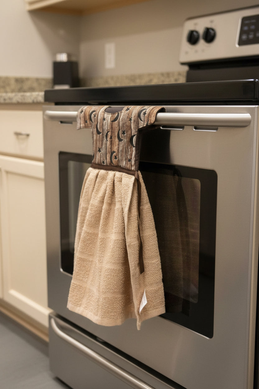 Wooden stars and moon oven towel