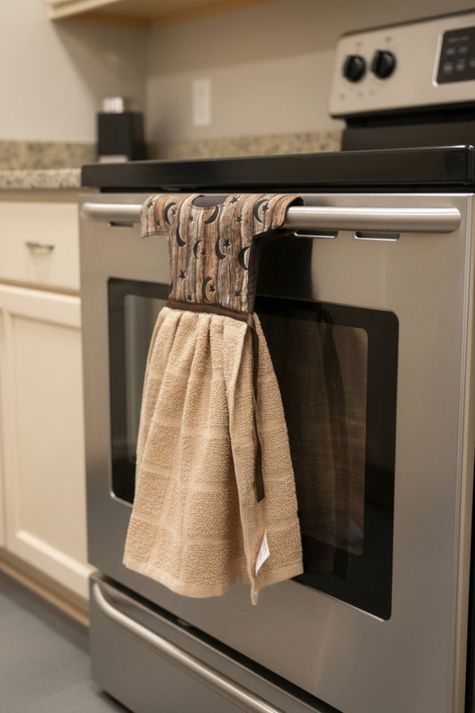 Wooden stars and moon oven towel