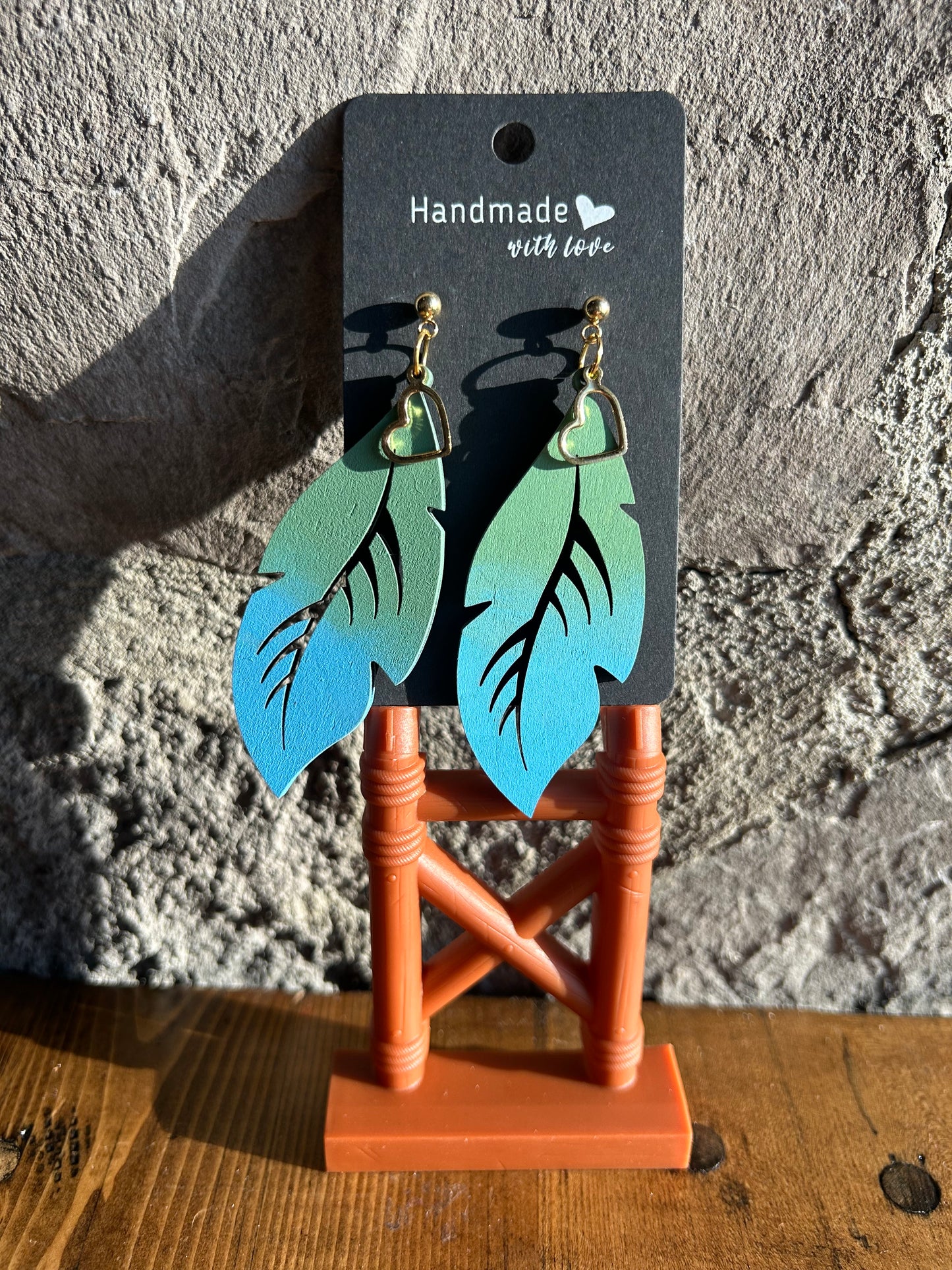 Green Blue Ombre Feather Earrings with Gold Heart