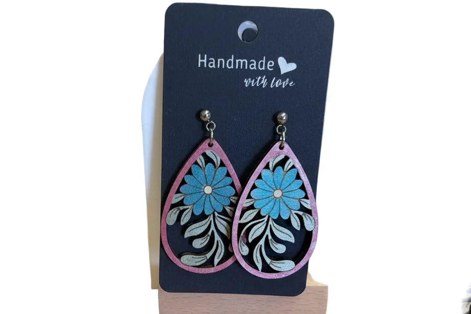Blue/Pink Wooden Floral Earrings
