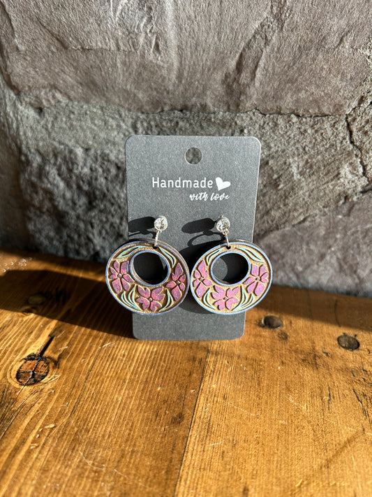 Pink flower hoop earring