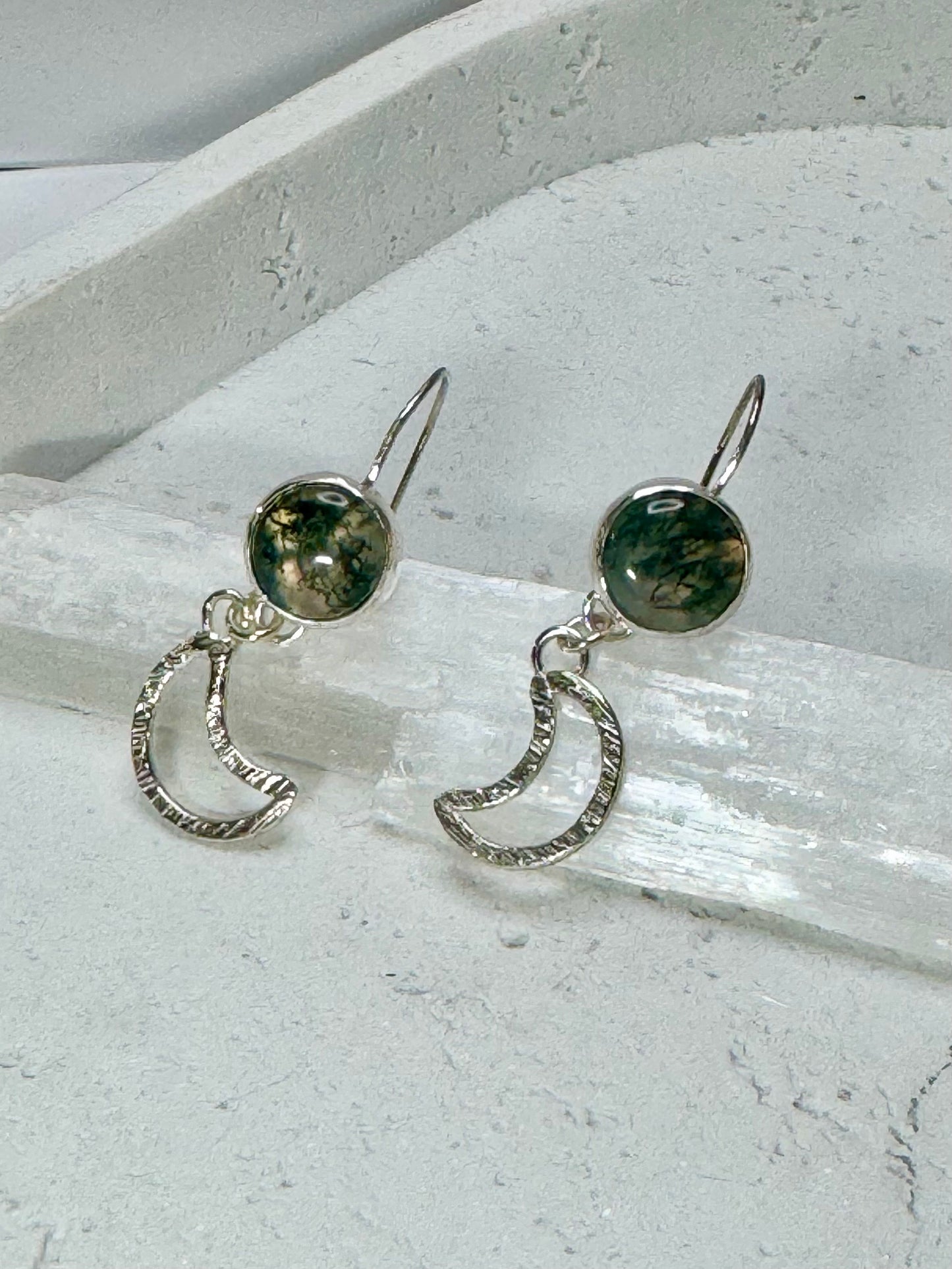 Handmade Sterling Silver Moss Agate & Half-Moon Earrings