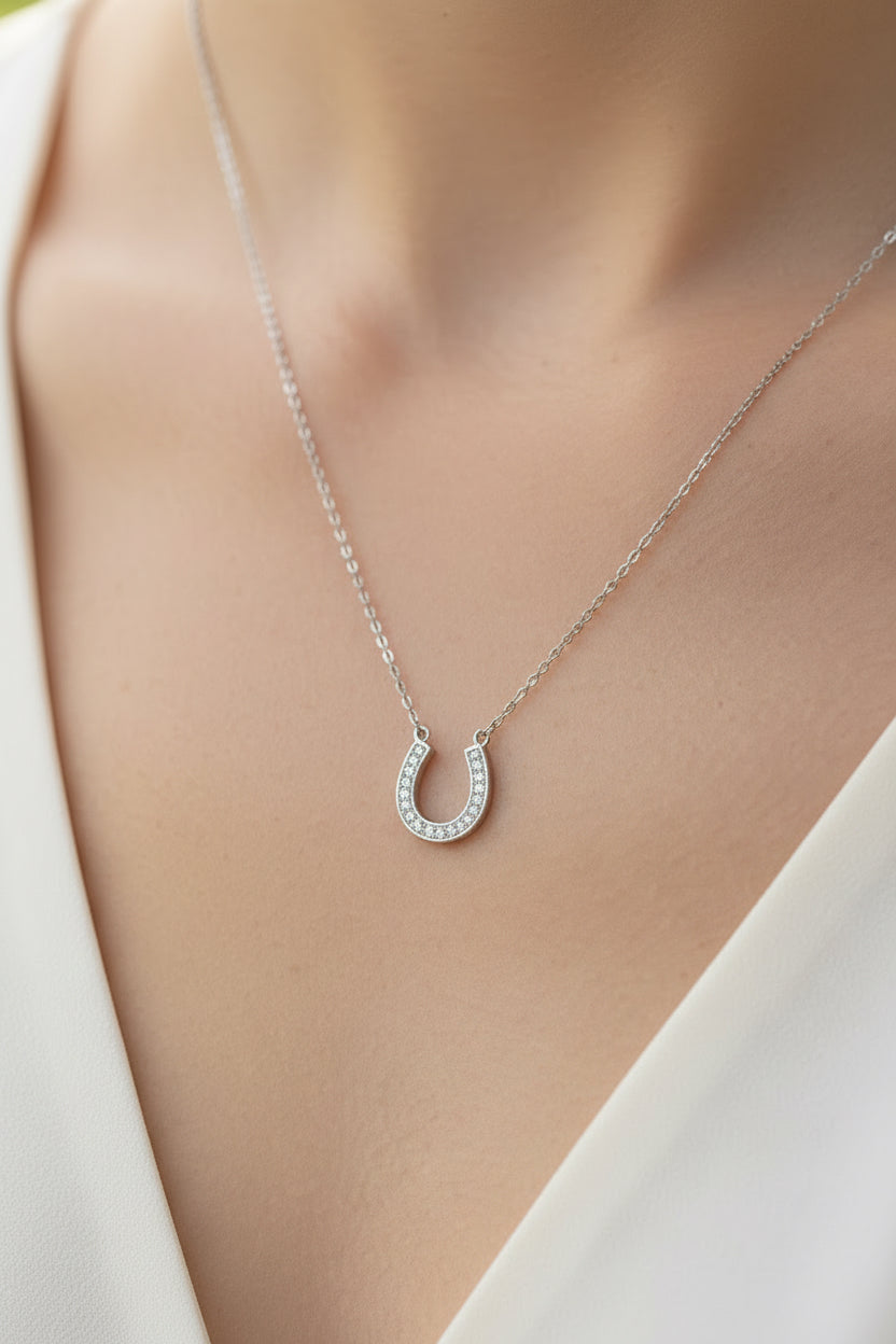 Silver Horseshoe Necklace with Crystals