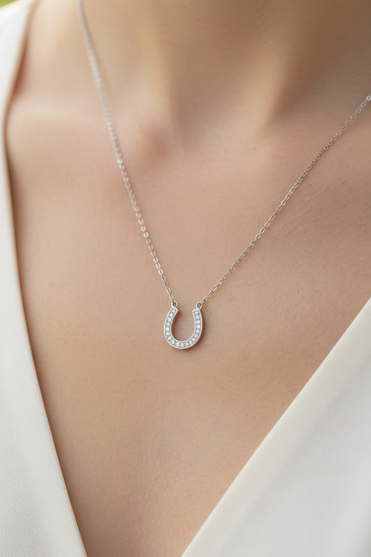 Silver Horseshoe Necklace with Crystals