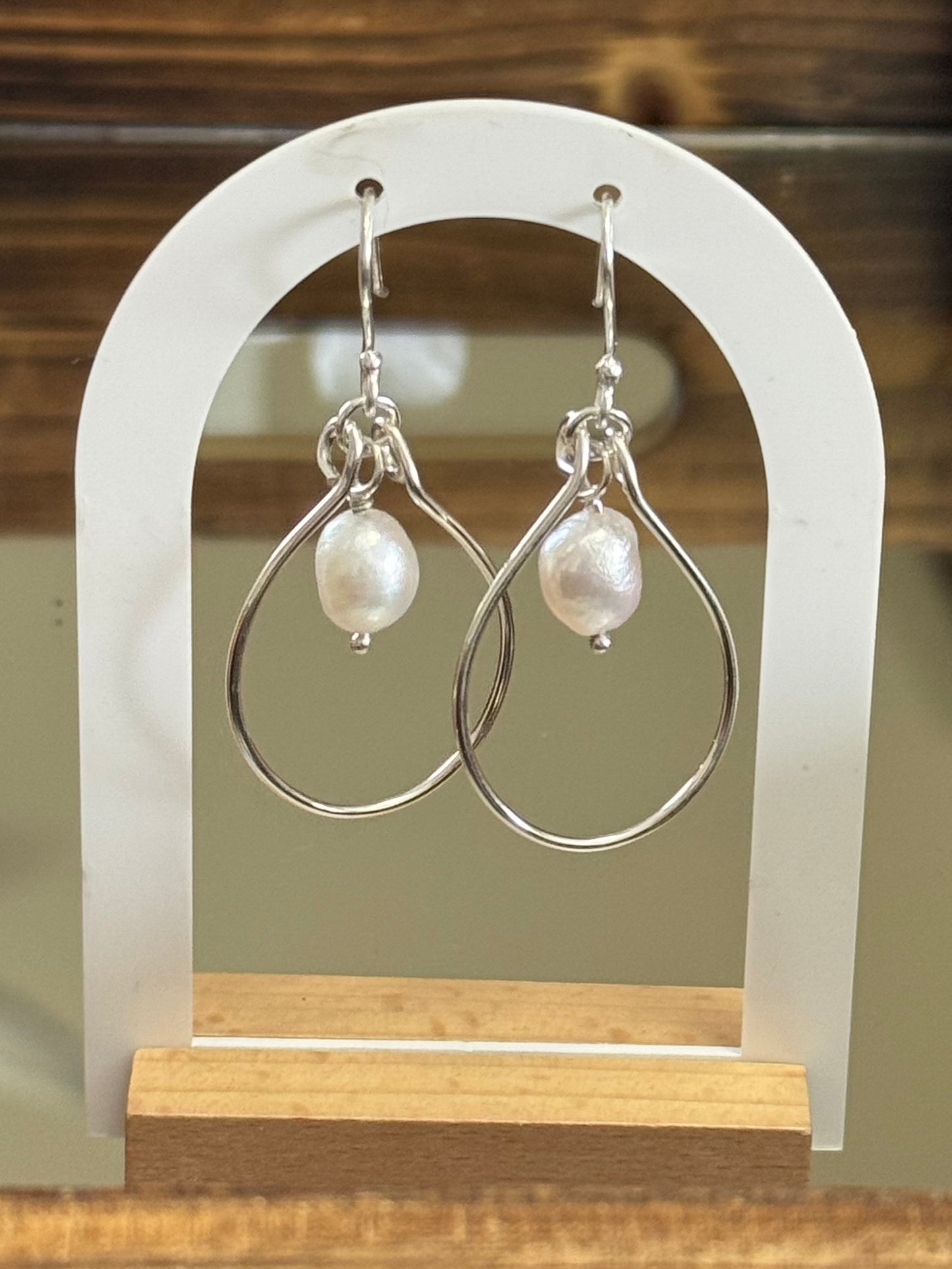 Sterling Silver Pearl Dangle Hoop Earrings