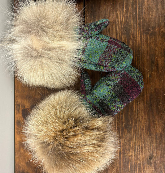 Teal plaid coyote fur mittens