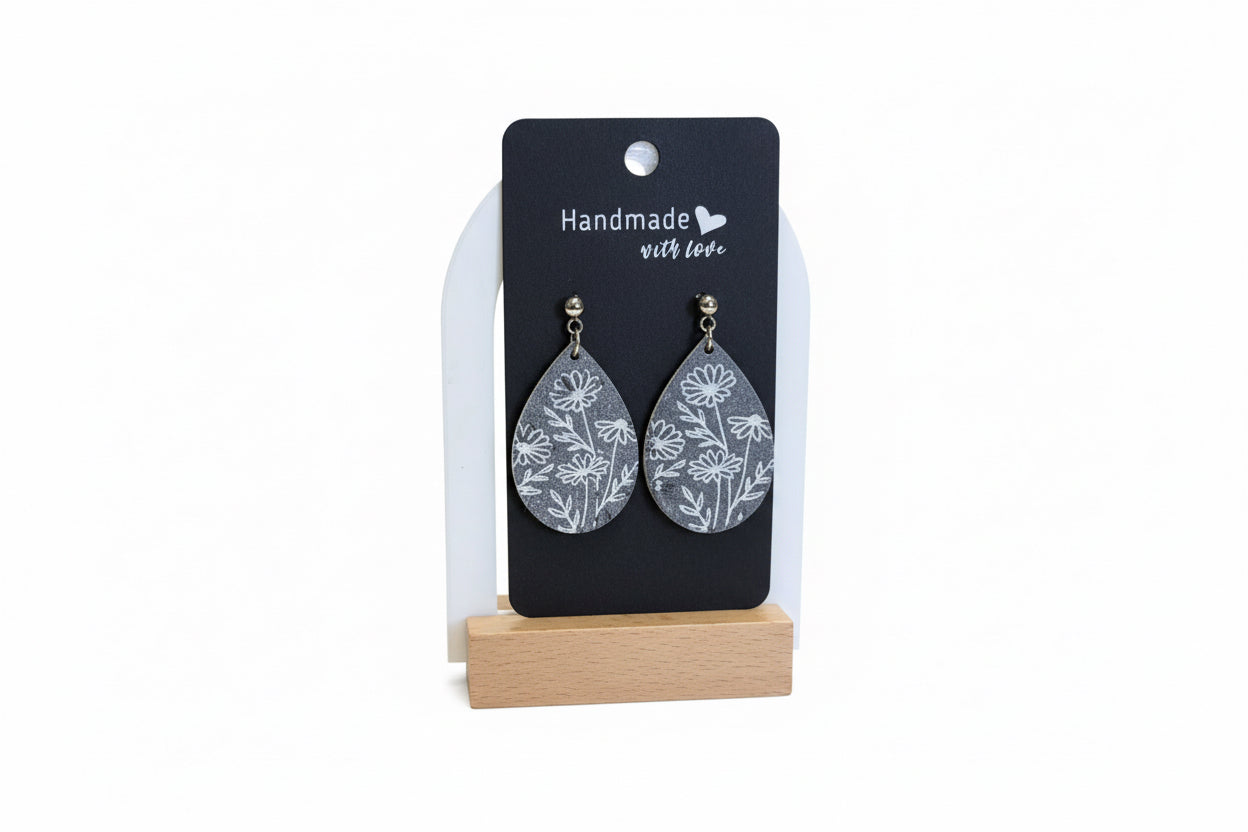 Silver Flower Wooden Earrings