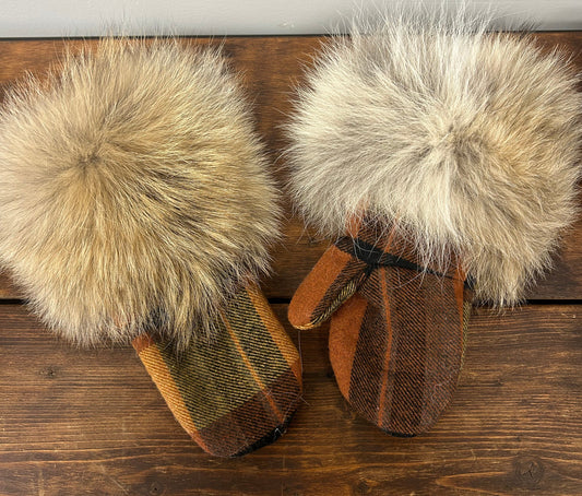 Brown plaid merino lined XS mitts