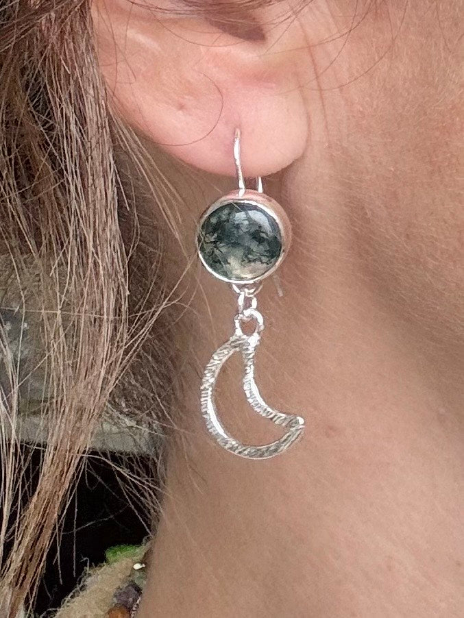 Handmade Sterling Silver Moss Agate & Half-Moon Earrings